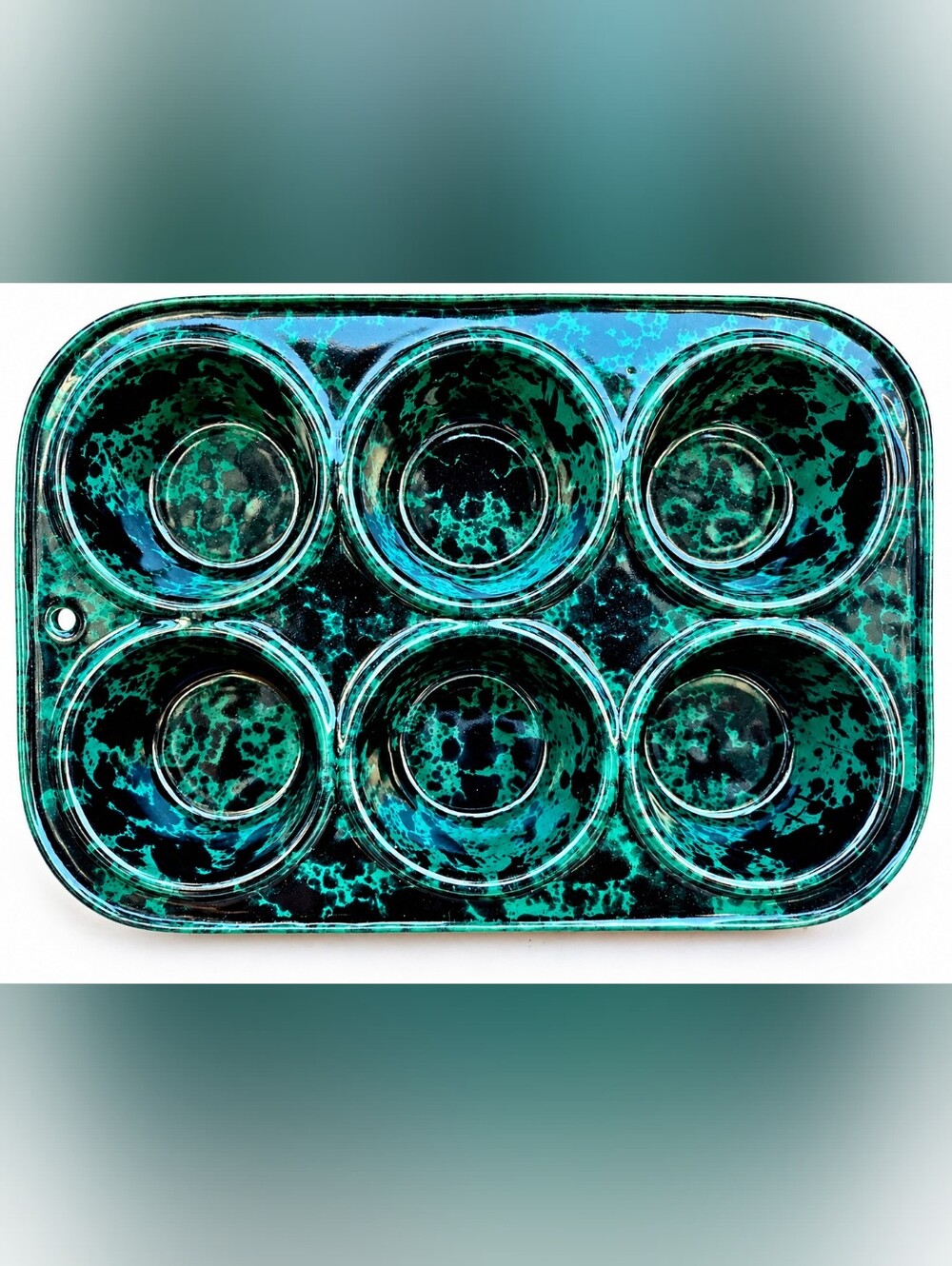 Bennington Potters Vermont Green Black Agate Glazed Pottery Muffin Pan 11-1/2x8